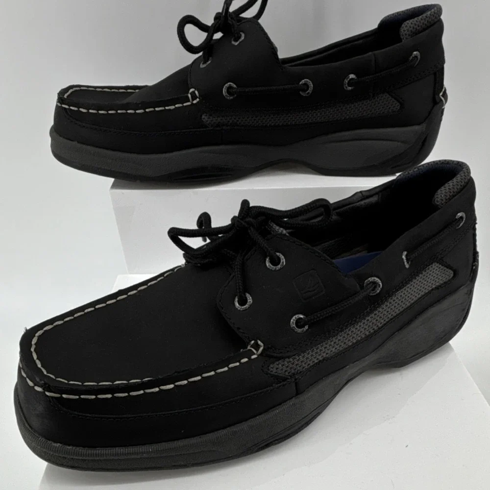 Sperry Top-Sider Men Black Leather‎ 2-Eye Cross Lace Boat Shoes 11.5W Contrast
